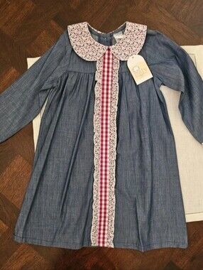 Boutique Paty Inc Chambray Gingham Floral Peter Pan Collar Long Sleeve Dress 4T